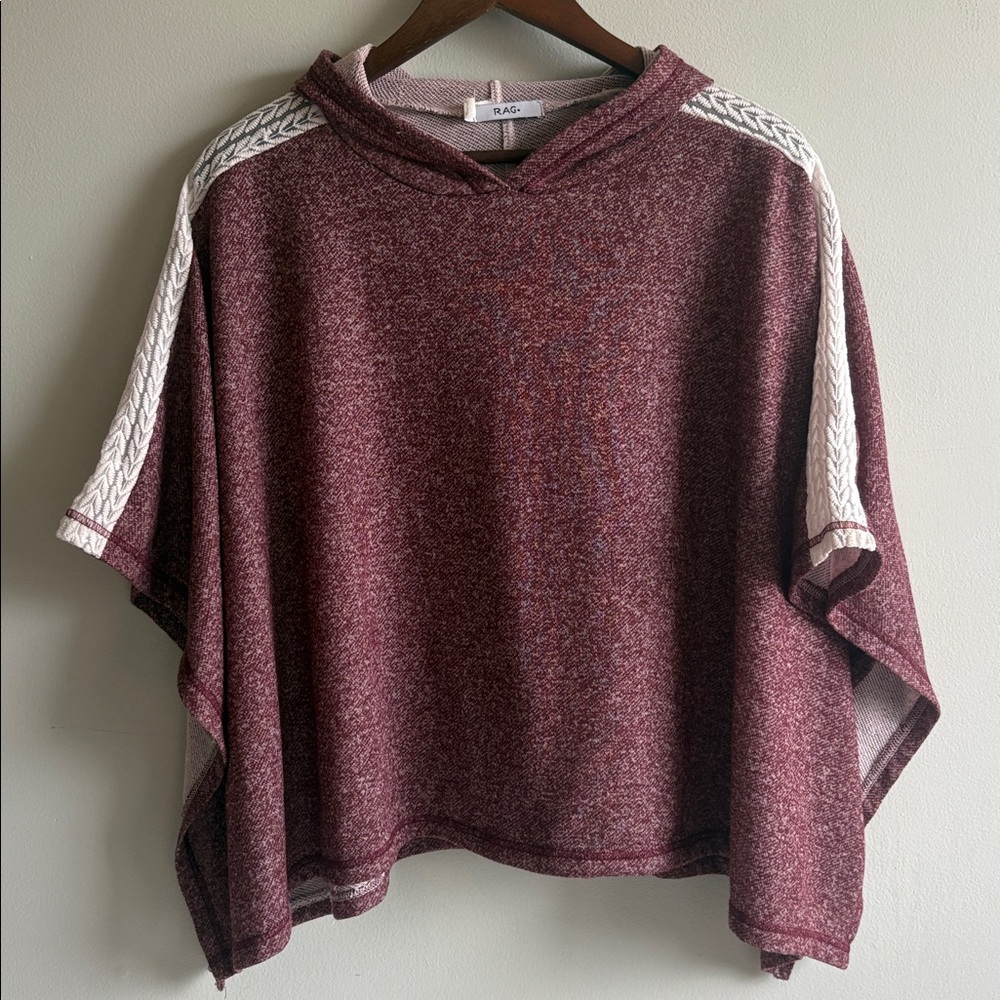 Hooded Cape Poncho Burgundy Knit Festival Layerโ Crochet Shoulder Top